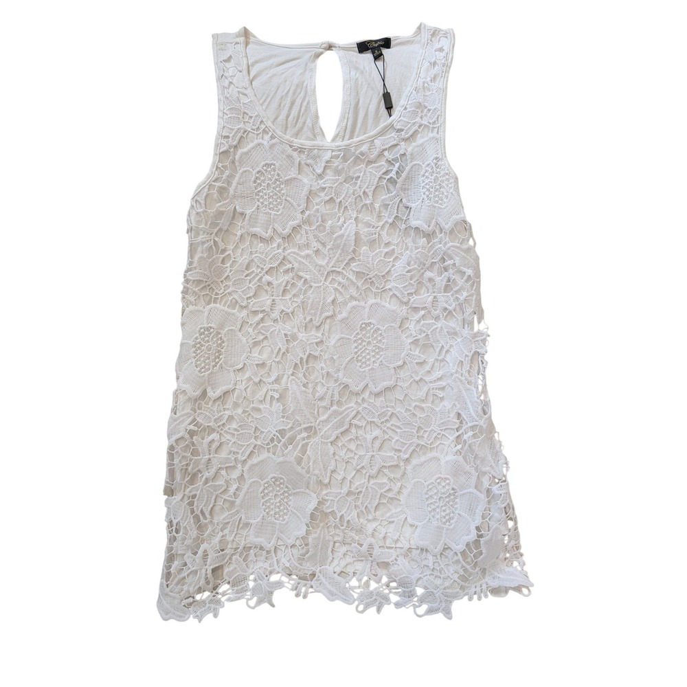 Cupio Womens White Floral Lace Front Keyhole Back Sleeveless Tank Top Size S NEW